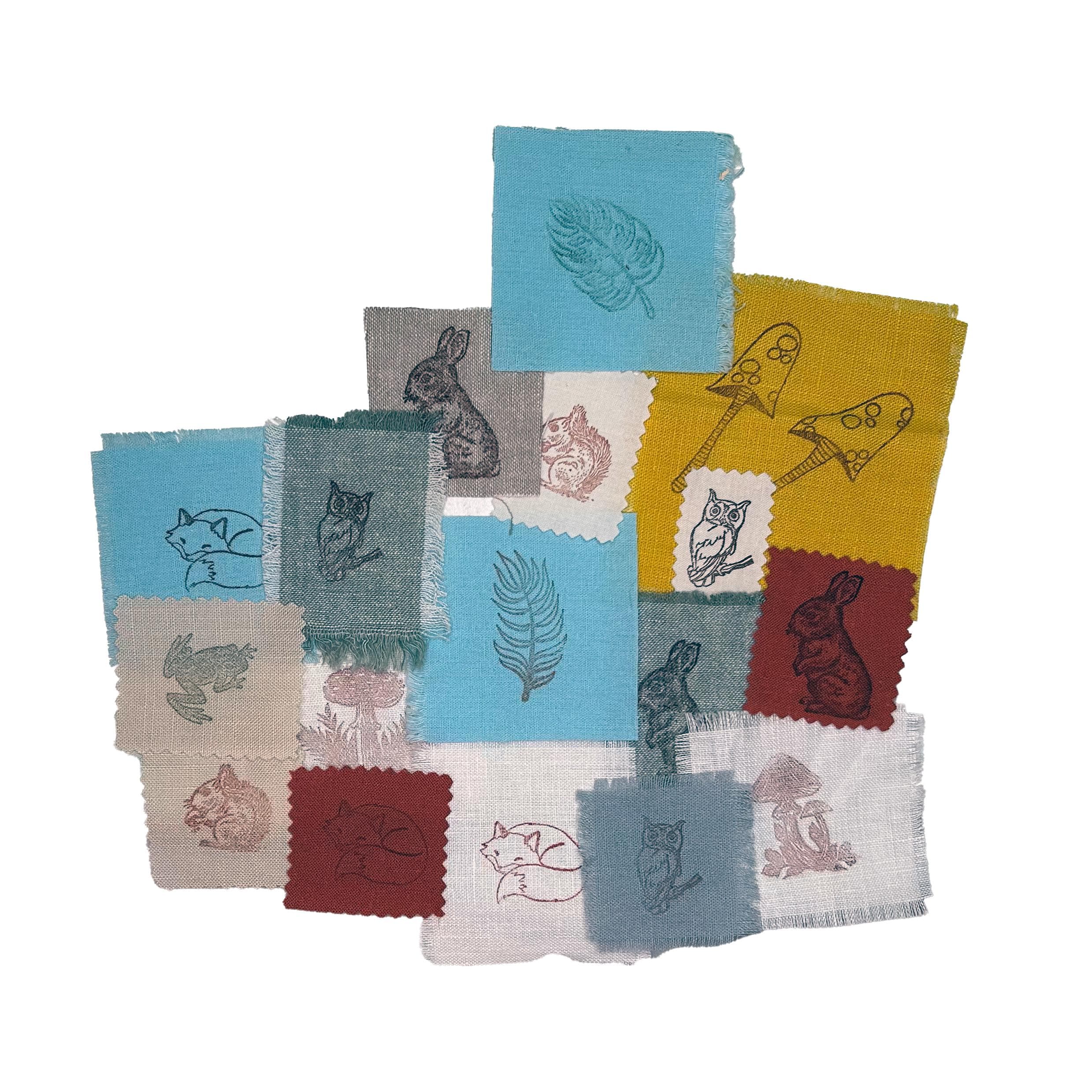WOODLAND LINEN SNIPPET Collection -  Linen Snippets Junk Journal Ephemera - Ink Stamped Linen - Hand stamped Junk Journal Fabric images