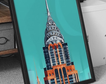 Puede incluir: Una ilustración enmarcada de un rascacielos con un fondo azul turquesa. El edificio es una representación estilizada del edificio Chrysler en la ciudad de Nueva York.
