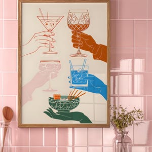 署名カクテル乾杯ポスター |飲み物を持つ手のミニマリスト ライン アート | 写真モダンなウォールアートプリント |マティーニ |アペロール スプリッツ