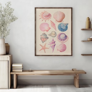 Puede incluir: Una impresión enmarcada que presenta una colección de conchas marinas en acuarela en tonos rosa, azul y coral. La obra de arte muestra varias formas y texturas de conchas, incluida una estrella de mar. La impresión está enmarcada en madera oscura.