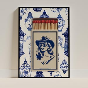 Cowboy Matchbook | Coastal Cowgirl Millennial Granddaughter Print Toile Chinoiserie Blue White Poster Western Decor Trendy Wall Art