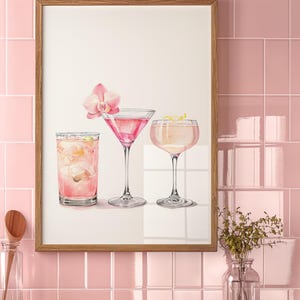 Signature Cocktails Cheers Poster | Minimalist Water color | Modern Wall Art Print | Martini | Aperol Spritz | Orchid