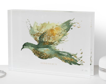 Noah's Ark Dove Acrylic Art Block | Symbol of Hope, Renewal, Peace (7x5 inches)