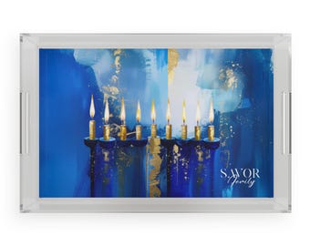 Personalized Acrylic Menorah Tray with handles | Artistic Blue & Gold Hanukkah Judaica Oil Drip Protector, Hanukkah Table Decor