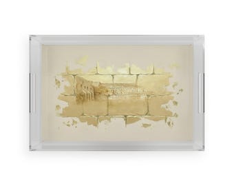 Judaica Decor, Jerusalem Gold Kotel Acrylic Serving Tray, Modern Homeware