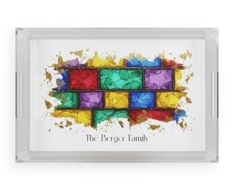 Judaica Decor, Personalized Acrylic Serving Tray Jerusalem Colored Stone Western Wall Art, Homeware