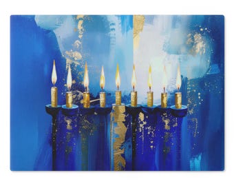 Bandeja para menorá de vidrio templado azul y dorado / Protector antigoteo Judaica moderna