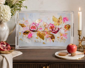 Bandeja acrílica para servir en Rosh Hashaná, bandeja judaica de higos y granadas, bandeja para servir en Shana Tova, decoración de mesa para festividades judías.