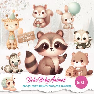 Clipart Boho bébés animaux | Graphiques neutres pour baby shower | Art pastel pour chambre d'enfant PNG | Décoration boisée bohème | Bébés animaux en téléchargement numérique