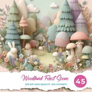 Skurril Wald Clipart Set | 3D Aquarell Waldszene | Pastell Natur Berge Wolken Fluss Kunst | Weiche Landschaft Illustration JPG