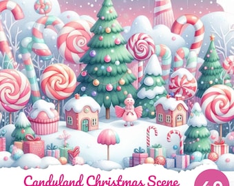 Op de afbeelding: Een grillige illustratie van een Candyland kerstscène. De afbeelding toont zuurstokken, lolly's, kerstbomen en met sneeuw bedekte huizen. De tekst "Candyland Christmas Scene" is zichtbaar onderaan. Een regenboog overspant de lucht.