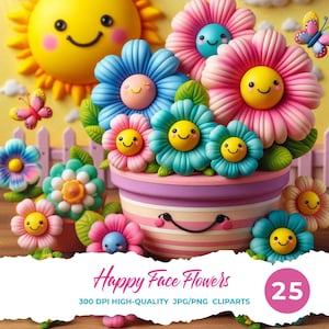 Glückliches Gesicht Blume Clipart PNG JPG | Niedliche Blumengrafiken Kawaii | Cartoon Frühlingsblumen | Pastell Kunst fürs Kinderzimmer | Sommer Kinder Dekor