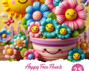 Happy Face Flower Clipart PNG JPG | Kawaii Cute Floral Graphics | Cartoon Spring Flowers | Pastel Nursery Art | Summer Kids Decor