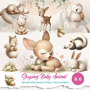 Clipart bébé animal endormi PNG | Amis des bois au repos | Art de la pépinière Animaux | Clipart baby shower | Créatures de la forêt pastel | Bohème