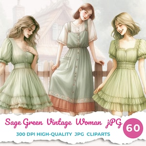 Clipart di ragazza cottagecore JPG / Illustrazione di donna vintage con abito verde salvia / Pacchetto di personaggi estivi ad acquerello / Arte estetica pastello