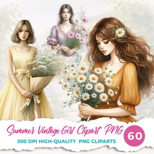 Aquarell Sommer Mädchen PNG Clipart | Vintage Blumenkleid Grafiken | Cottagecore Charakter Bündel | Feminine Clip Art Ästhetik