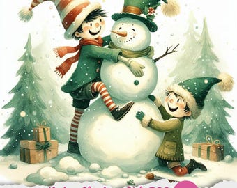 Clipart vintage para crianças no Natal: arte em aquarela infantil para cartões e artesanato em JPG