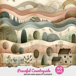 May include: Watercolor illustration of a peaceful countryside scene. The image features rolling hills in shades of brown, green, and blue, with trees, a house, and birds. Text at the bottom reads "Peaceful Countryside" and "300 DPI HIGH-QUALITY CLIPARTS".