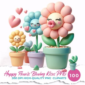 Grillige lachende bloem clipart png | 3D Kawaii bloesem transparant | Happy Face-bloem, png | Schattige bloemen in pot blazen kusjes | Digitale kunst