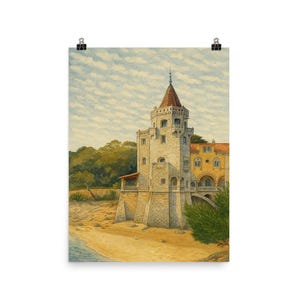 Cascais Museum Print | Majestic Seaside Castle Tower Painting | Coastal Architecture Art