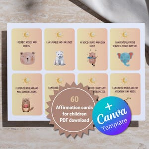 60 x Affirmation Cards for Kids – Positive Daily Affirmations PDF + Canva Template – Mindfulness & Motivation – Digital Download – Printable