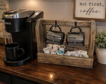 Handmade Wooden Coffee Bar Caddy with Mugs –Rustic Coffee Station Organizer-Mug Holder- Farmhouse Kitchen Decor- Coffee Lover Gift