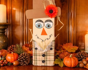 Handmade Wooden Scarecrow Decoration: Rustic Fall Mantle Decor