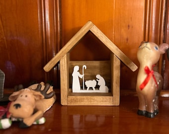 Handgemaakte houten kribbe met kerstfiguren | Rustieke kerstkerstset | Vakantiedecoratie boerderij | Christelijk cadeau