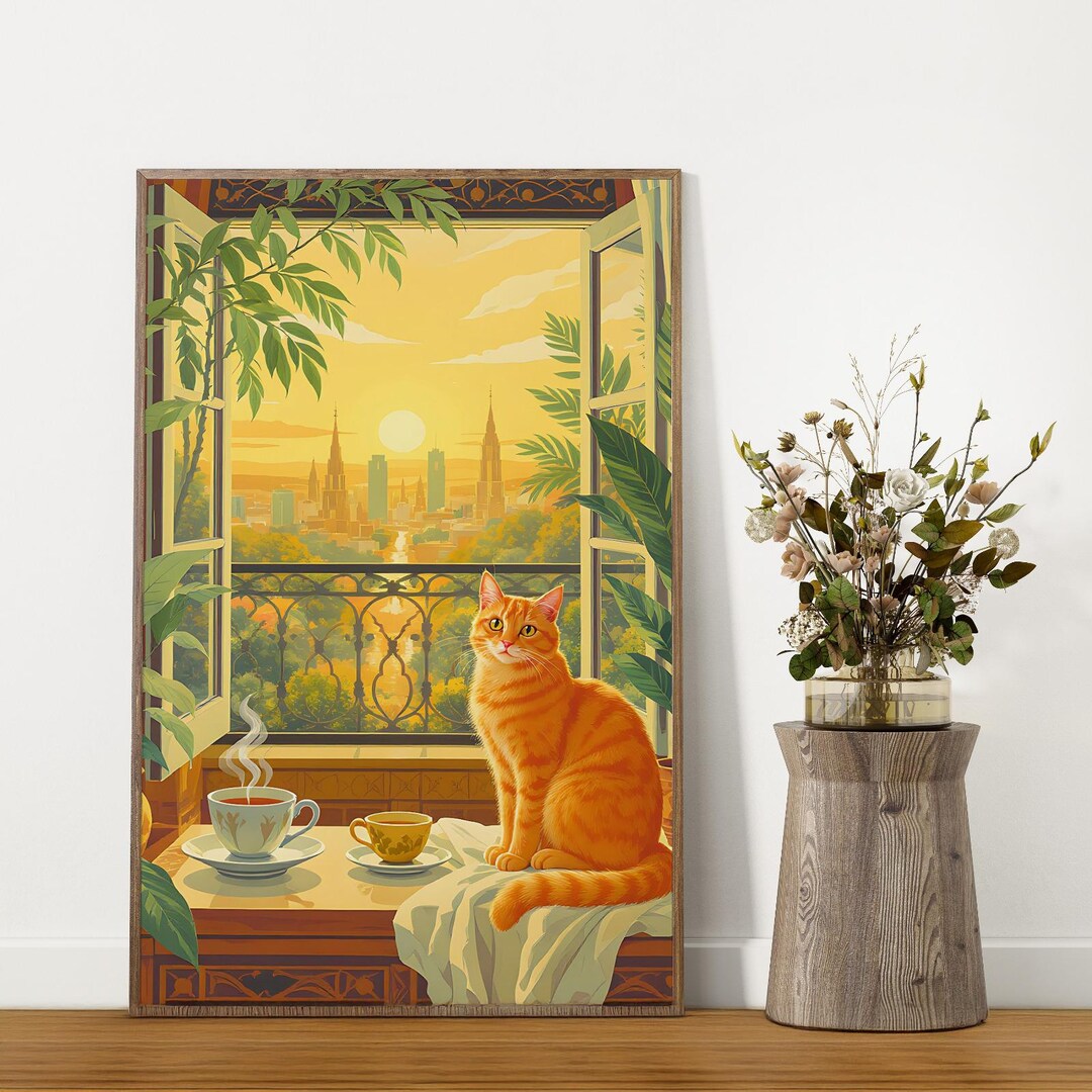 Orange Cat Wall Art Print, Cozy Morning Coffee Digital Download, Warm ...