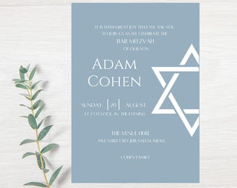 Invitación para Bar Mitzvah, invitación imprimible, plantilla personalizable (descarga digital)