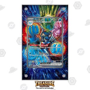 May include: A framed Palafin ex Pokémon card with a colorful abstract background. The card features a blue and pink character with the text "Hero's Spirit" and "Giga Impact". The frame has a clear border and is labeled "TREASURE COLLECT".