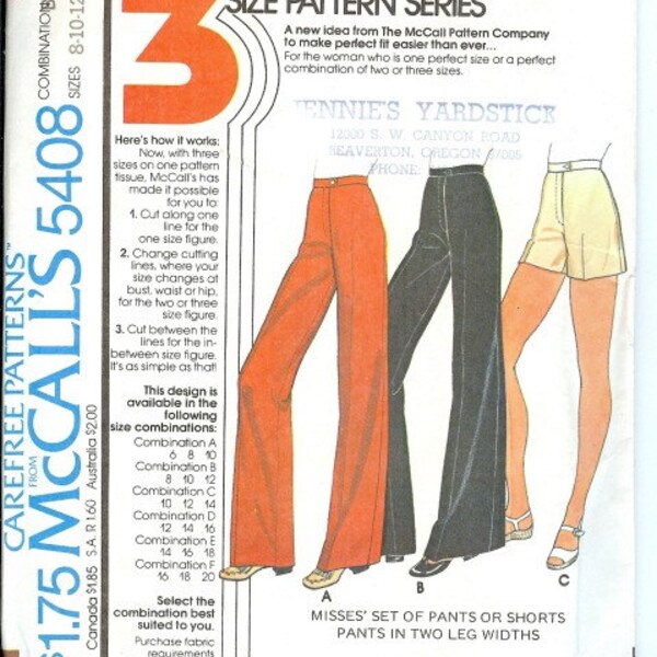 Bell Bottom Pants Pattern with Shorts 1970s Classic McCall's