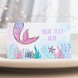 Étiquettes modifiables de nourriture de sirène, cartes de tente de sirène de mer, thème d'anniversaire sous la mer, sirènes scintillantes 1er anniversaire imprimable REF011