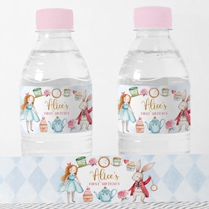 Editable Alice in Wonderland Bottle Labels | Onederland Birthday Party | Baby 1st Birthday Decoration, Printable Digital File Corjl REF003