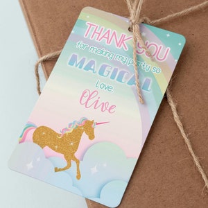 Glitzer Einhorn Dankeschön-Label | Einhorn und Regenbogen-Geburtstags-Thema | Bearbeitbare Einhorn Favor Tags | Gold EINHORN GESCHENKE GESCHENKE ref012