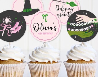 Magical Witch Cupcake Toppers | Editable Pink & Green Party Tags | Enchanted Birthday Decorations Corjl Template REF010