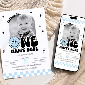 ブルーワンハッピーデュード招待状、編集可能なレトロなスマイリーフェイスの1歳の誕生日、クールな男の子の写真の1歳の誕生日招待状、即時ダウンロード REF020
