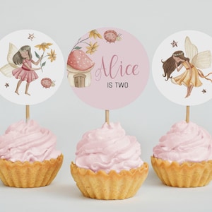 Editable Fairy Cupcake Toppers | Fairy 1st Birthday Cake Toppers | Fairy First Birthday Pink Circle Tags | Instant Download Corjl REF017