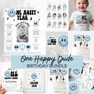 One Happy Dude Birthday Invitation Template, Printable Invitation, Editable Retro One Happy Dude First Birthday Party Invite, Groovy one J90