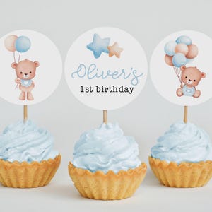 Beary First Birthday Cupcake Toppers Blue - Cute Bear Theme Party Decor, Baby Boy 1st Birthday Supplies & Baby Shower Decorations REF001