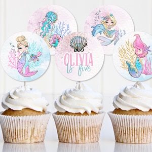 Mermaidful Birthday Cupcake Toppers, Sea Mermaid Cupcake Tags, Under the Sea Birthday Theme, Glittery Mermaids 1st Birthday Printable REF011