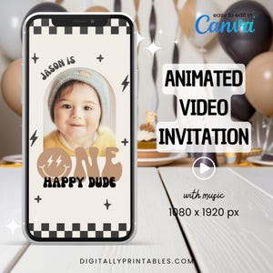One Happy Dude Invitation, First Birthday Party Invite, Editable Template, One Cool Dude, Happy Smile Face, Boy Beige Checkerboard REF020