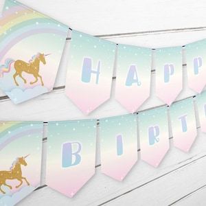 Glitter Unicorn Bunting Banner | Unicorn and Rainbow Birthday Theme for Magical Celebrations | Gold Unicorn Party Decorations | REF012