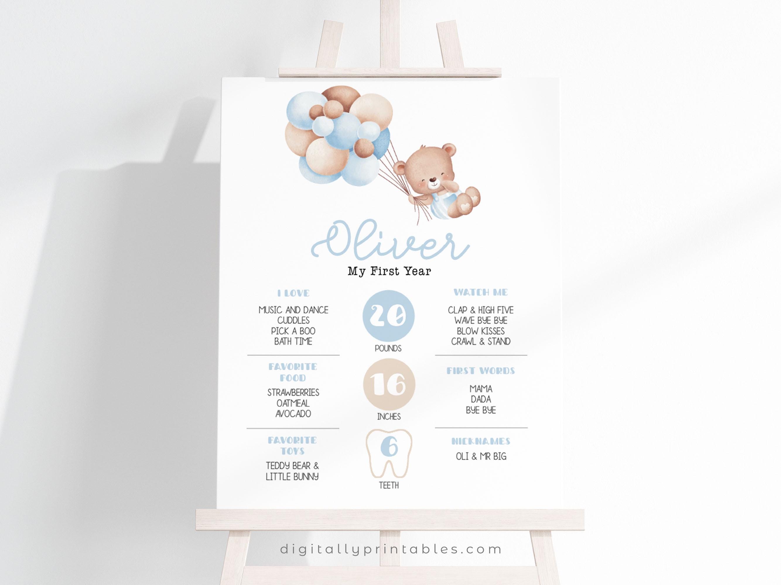 Editable Beary First Birthday Milestones Sign | Customizable Baby Milestone Board | Printable Party Decor & Keepsake Bear Milestones REF001