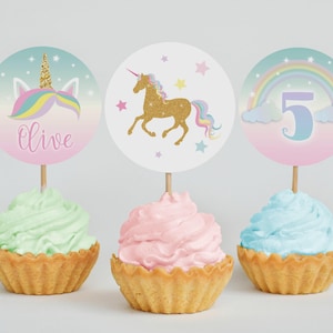 Glitter Unicorn Cupcake Toppers | Unicorn and Rainbow Birthday Theme for Magical Celebrations | Gold Unicorn Party Cake Toppers | REF012