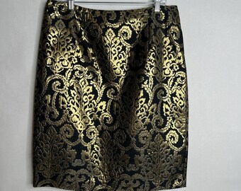 Sunny Leigh Designer Black Gold Embroidered Pencil Knee Length Skirt Size 12