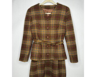 Vtg 1950s Wool Brown Plaid Suit Womens Girls Handmade XS S Petite Hollywood