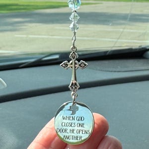 Christian Cross Car Charm, When God Closes One Door He Opens Another, Religious Inspirational Gift, Faith Ornament for Christmas