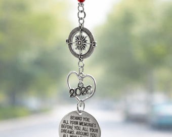 Graduation Car Charm 2026, Compass Birthstone Car Mirror Charm, Behind You All Your Memories, Grad Gift for Daughter or Son