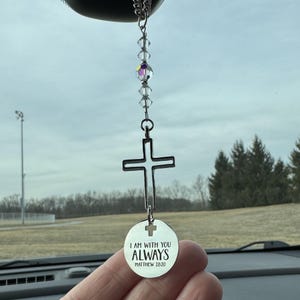 Christian Cross Car Charm: Crystal Beads, Silver &quot;I Am Always With You&quot; Ornament